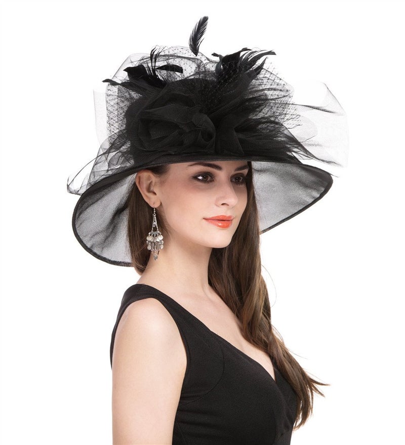 SAFERIN Womens Church Dress Wedding Veil Floral Tea Party Hat Black Feather Mesh Flower Free Size - Image 4